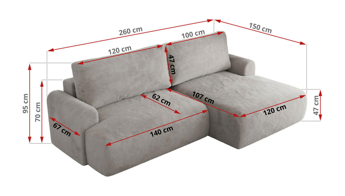 ECKSCHLAFSOFA TONO L Hellgrau Plüsch - links - Hellgrau/Schwarz, Kunststoff/Textil (260/150cm) - MKS