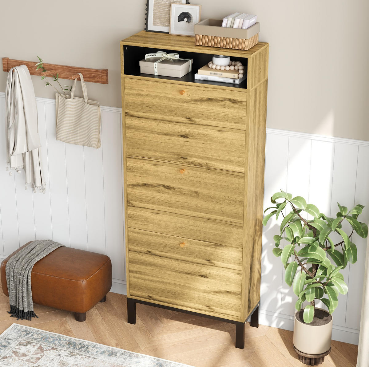SCHUHSCHRANK 63/24/147 cm aus MDF mit 3 Klappen und offenen Fächern, platzsparend in natürlicher Holzoptik, Natur - Naturfarben, Holzwerkstoff (63/147/24cm) - Redom
