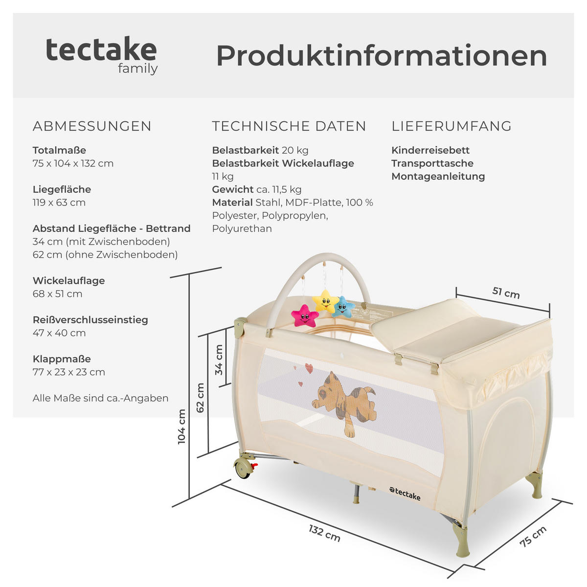 KINDER REISEBETT Hund,inklusive Tragetasche, 132 x 75 x 104 cm,beige - Beige, Kunststoff (75/104/132cm) - tectake