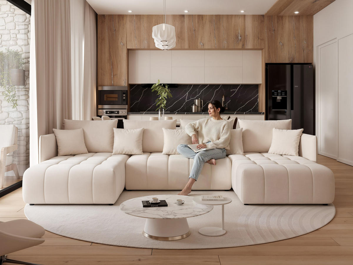 WOHNLANDSCHAFT OLIMPIA mit Schlaffunktion und Bettkasten Creme - Creme, Holzwerkstoff/Kunststoff (353/83/180cm) - Idohome