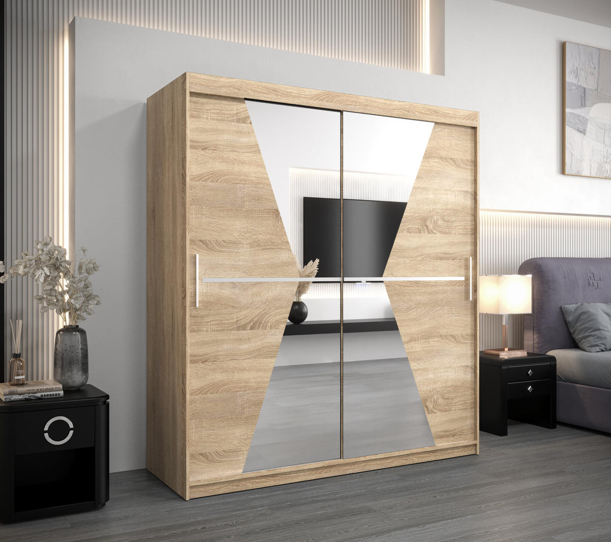 SCHWEBETÜRENSCHRANK 200/180/62 2-türig - Silberfarben/Sonoma Eiche, Holz/Kunststoff (180/200/62cm) - Abiks Möbel