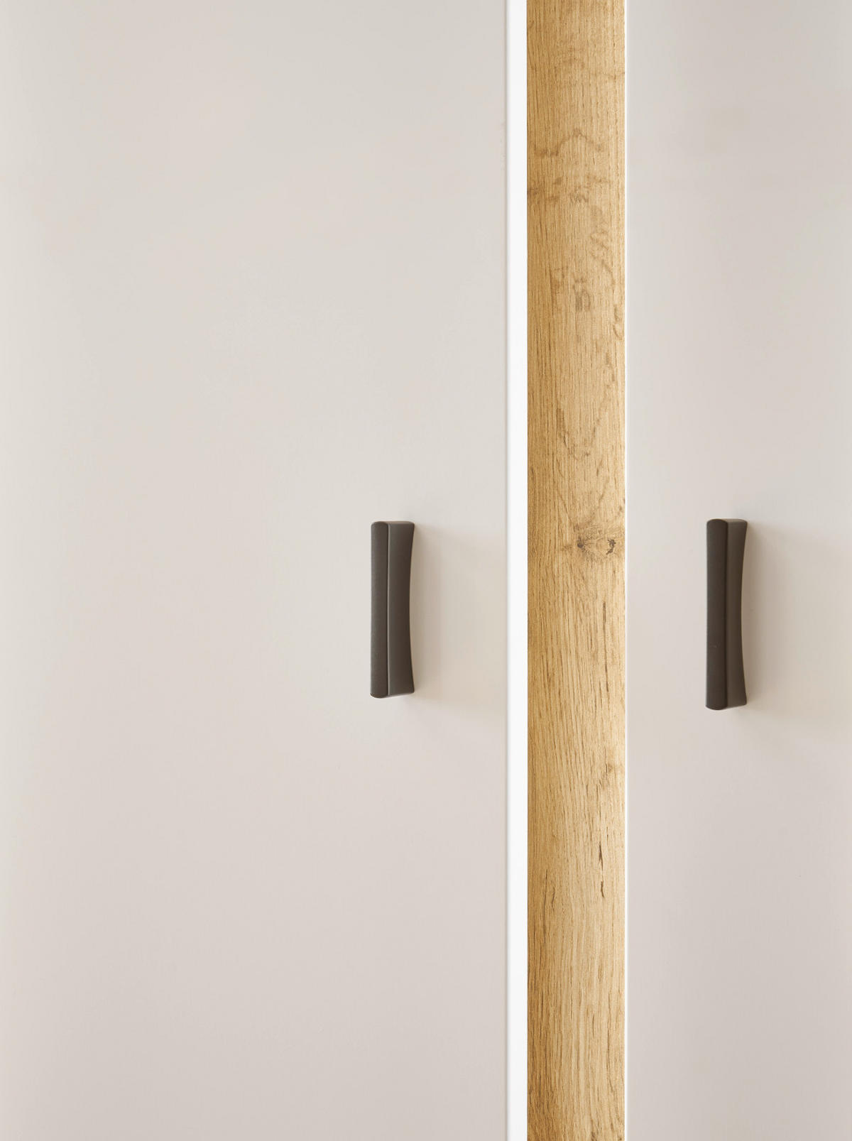 WOHNWAND 4-teilig weiß matt, Eiche Wotan 305 cm, Wohnkombination inklusive Frontbeleuchtung und viel Stauraum - Silberfarben/Eiche Wotan, Glas/Holz (305/200/42cm) - Furn.Design