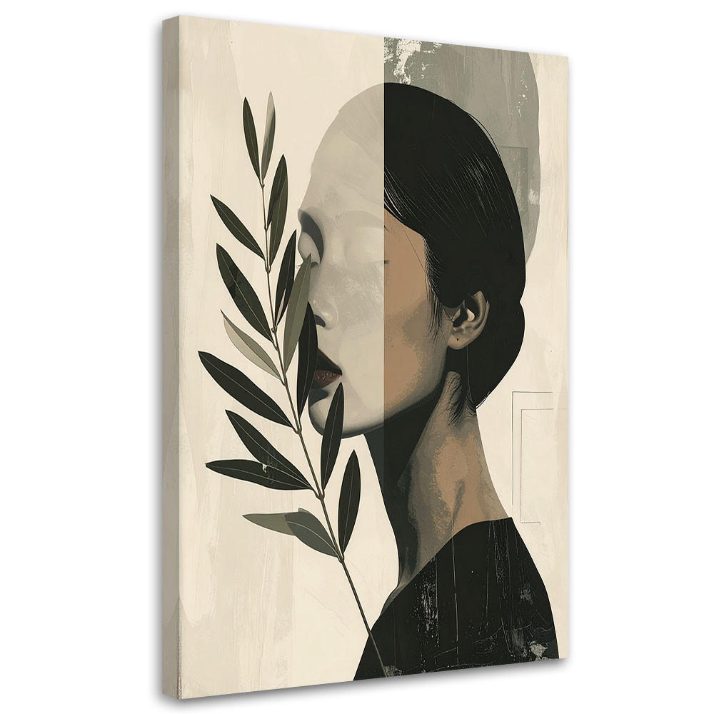 BILD auf Leinwand, Profil einer Frau mit einem Ast im minimalistischen Stil - Grün, Textil (20/30cm) - Feeby