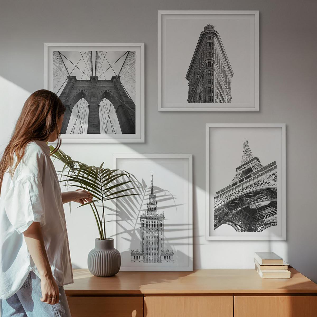 WANDBILDER 4er-Set - 50x50 cm & 40x60 cm Weißer Rahmen - Architektur Schwarz-Weiß-Minimalismus - Weiß, Kunststoff (50/50cm) - ArtPrintCave