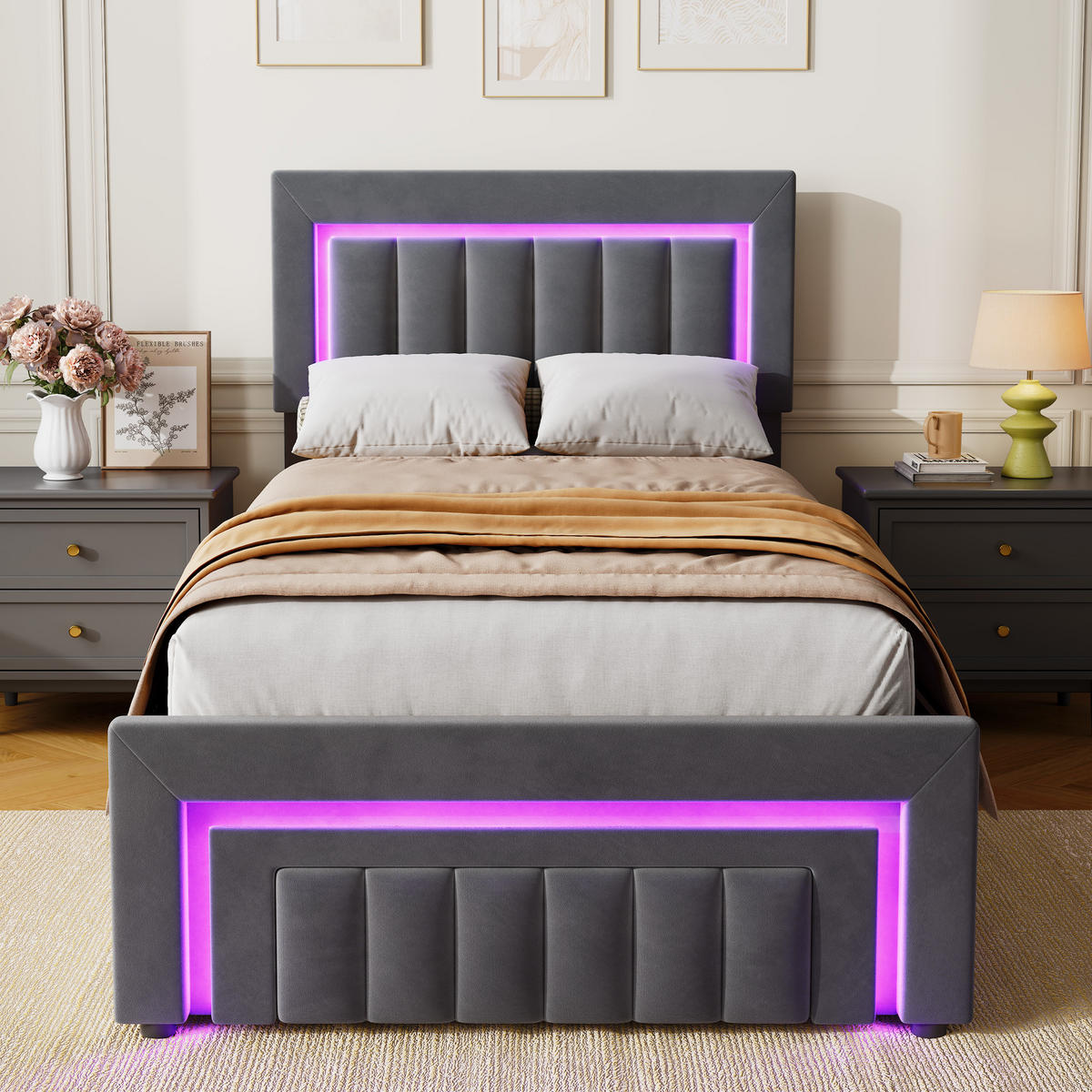 POLSTERBETT 90/190 cm in Grau, mit Bettkasten und Schubladen , mit LED, ohne Matratze - Grau, Holzwerkstoff/Textil (90/190cm) - WISHDOR