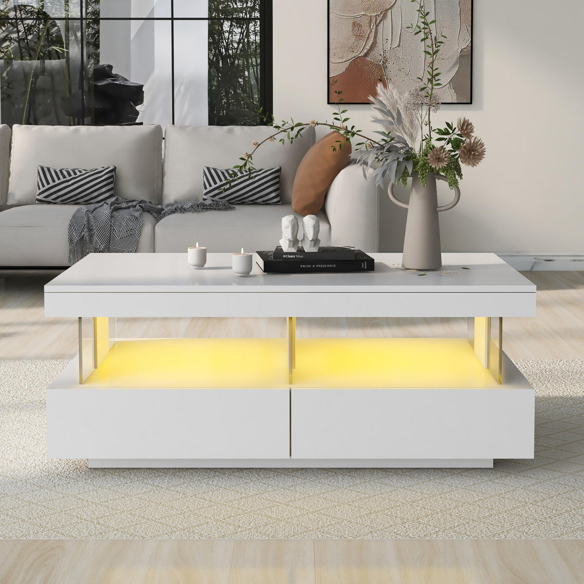 COUCHTISCH aus Spanplatte 100x60x49,5 cm in Weiß mit LED-Beleuchtung - Weiß, Holzwerkstoff (100/60/49.5cm) - Modfu