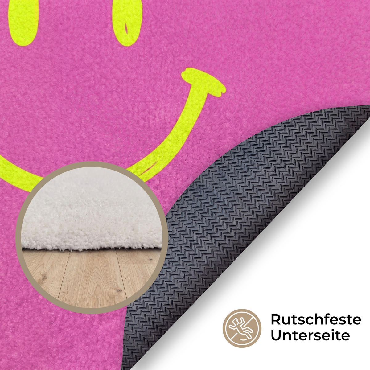 TEPPICH - Smiley - Fröhlich - Rosa - 90x90 cm - Pink, Kunststoff/Textil (90/0.4cm) - OnlyWow