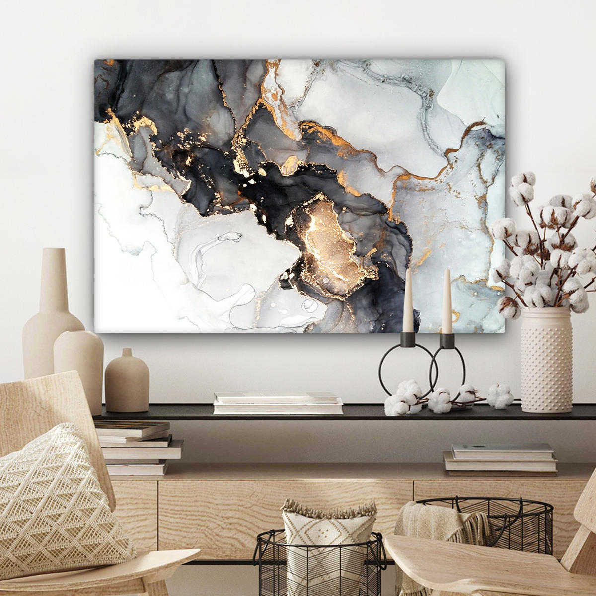 LEINWANDBILD Marmor - Schwarz - Weiß - Gold - Luxus - Abstrakt Wanddeko 90x60 cm - Goldfarben, Textil (90/60cm) - MuchoWow
