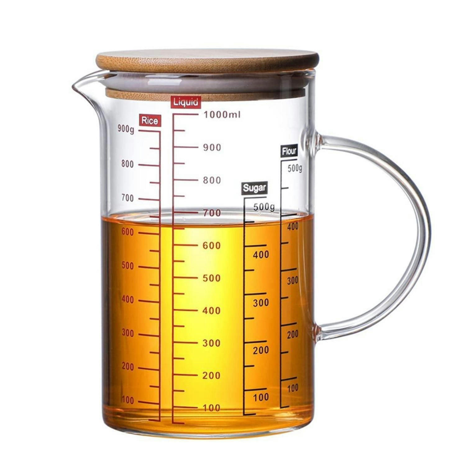 MESSBECHER Glas 1000 ml mit Bambusdeckel - Transparent, Glas (1L)