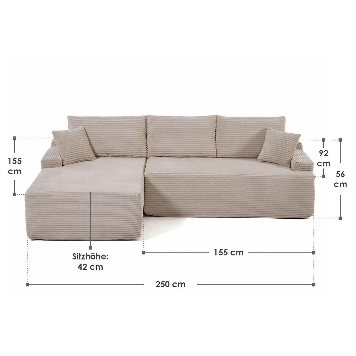 SOFA Corede taupe Cord - Taupe, Textil (155/250cm) - Juskys