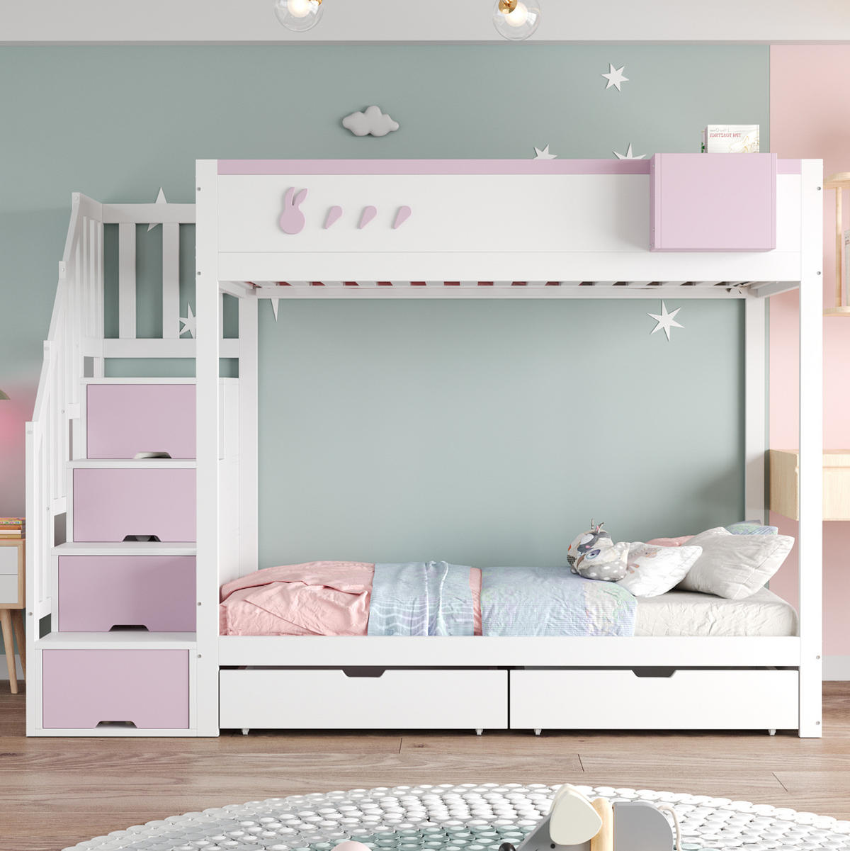 ETAGENBETT aus Massivholz 90x200 cm in Weiß mit Stauraum & Schubladen - Weiß, Holz (90/200cm) - Modfu