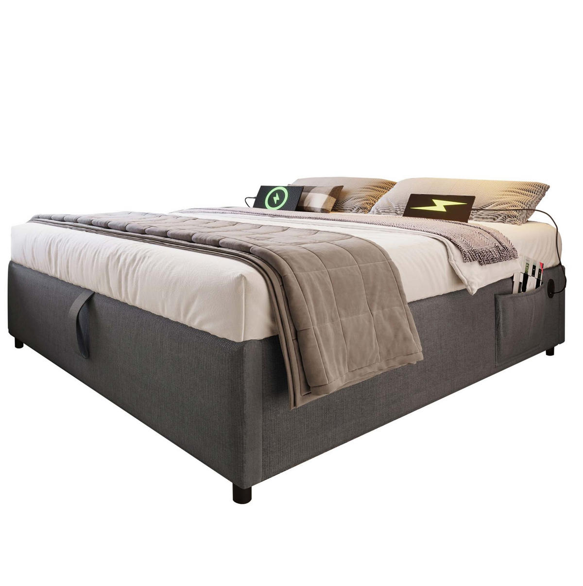 POLSTERBETT 140/200 cm Grau Stauraumbett mit USB- und Type-C-Anschlüssen - Grau, Textil (140/200cm) - OKWISH
