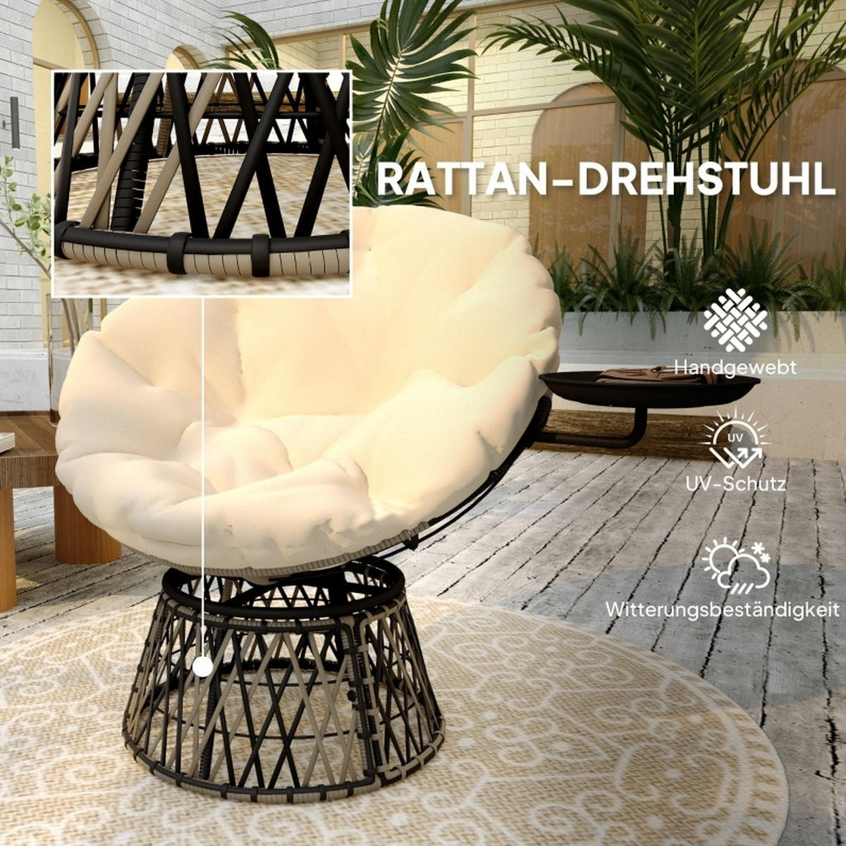 GARTENSTUHL aus Rattan 118x76x88 cm in Beige mit 360° Drehfunktion & Seitentablett - Beige, Metall (118/88/76cm) - Modfu
