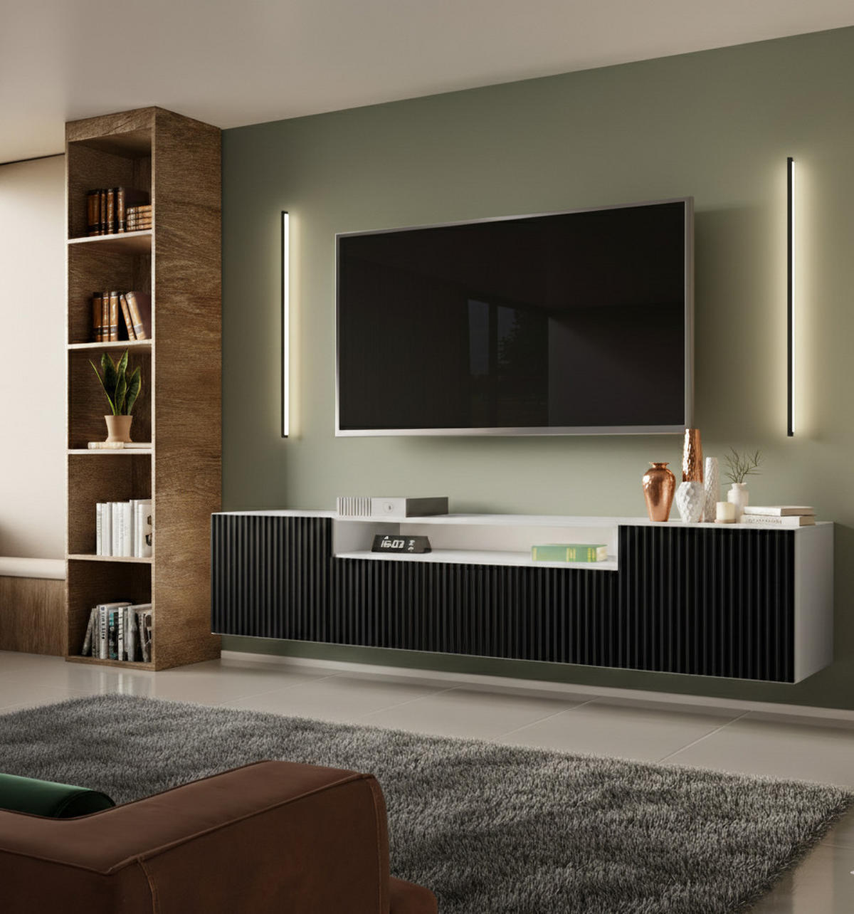 LOWBOARD Noa, Hängender TV-Schrank mit Push-to-Open System, weiß+schwarz - Schwarz/Weiß, Holzwerkstoff (200/41/40cm) - AN-Moebel 4u