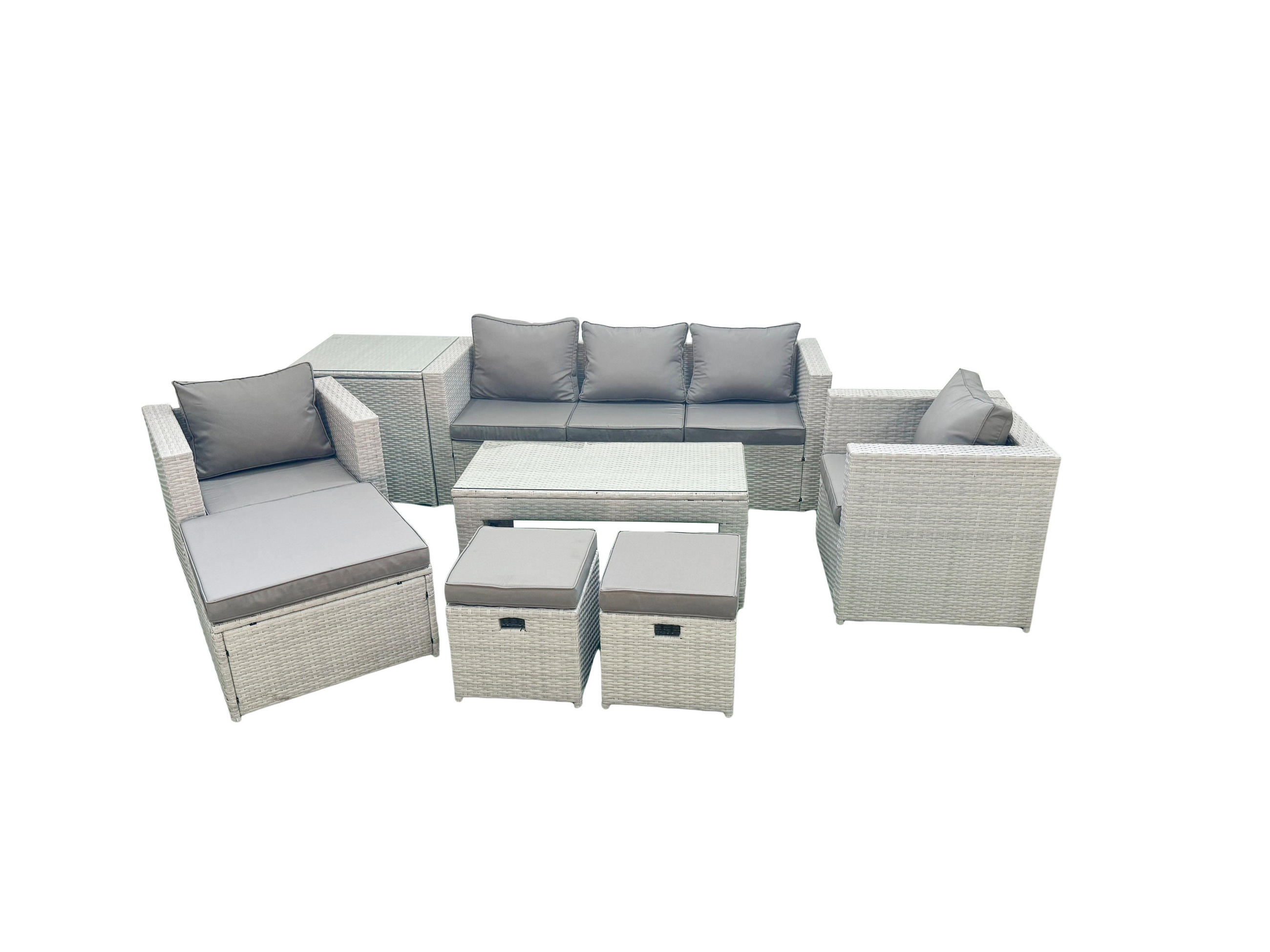 GARTENSET mit 3-SITZER SOFA,COUCHTISCH Polyrattan Hellgrau-Mix 8-Sitzer - Hellgrau/Grau, Glas/Kunststoff - Fimous