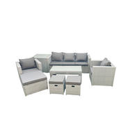 GARTENSET mit 3-SITZER SOFA,COUCHTISCH Polyrattan Hellgrau-Mix 8-Sitzer - Hellgrau/Grau, Glas/Kunststoff - Fimous