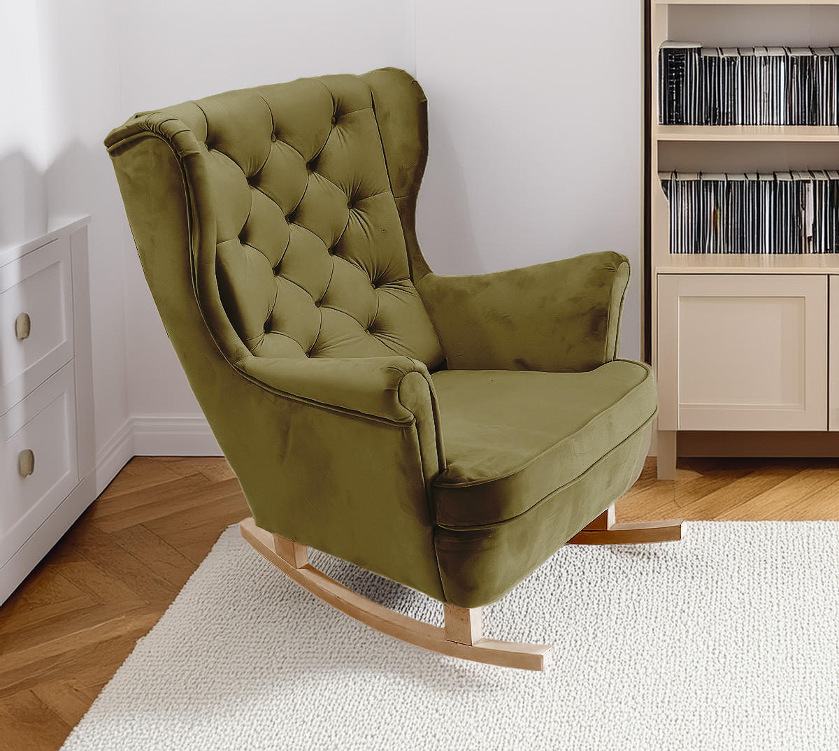 SCHAUKELSESSEL mit gepolstertem Sitz und Armlehnen, 102x81x95 cm, Grün_29845 - Salbeigrün/Buchefarben, Holz/Textil (81/102/95cm) - DomoHome