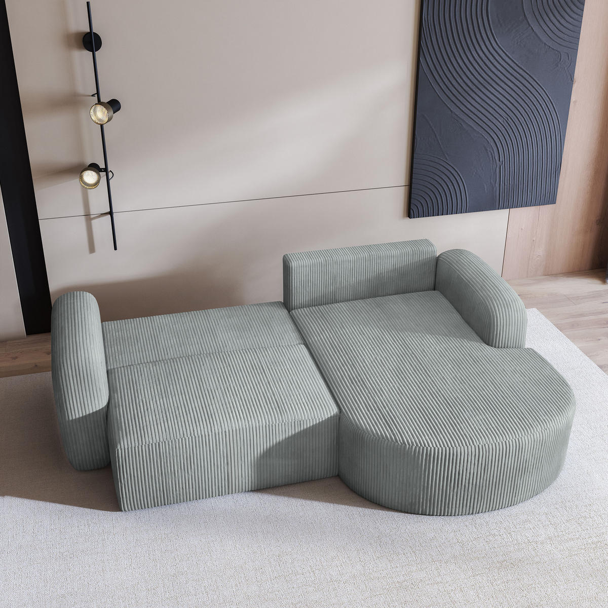 ECKSOFA AMILIA P R-S Hellgrau Kordstoff mit Schlaffunktion - Hellgrau, Holz (263/174cm) - MASSENO