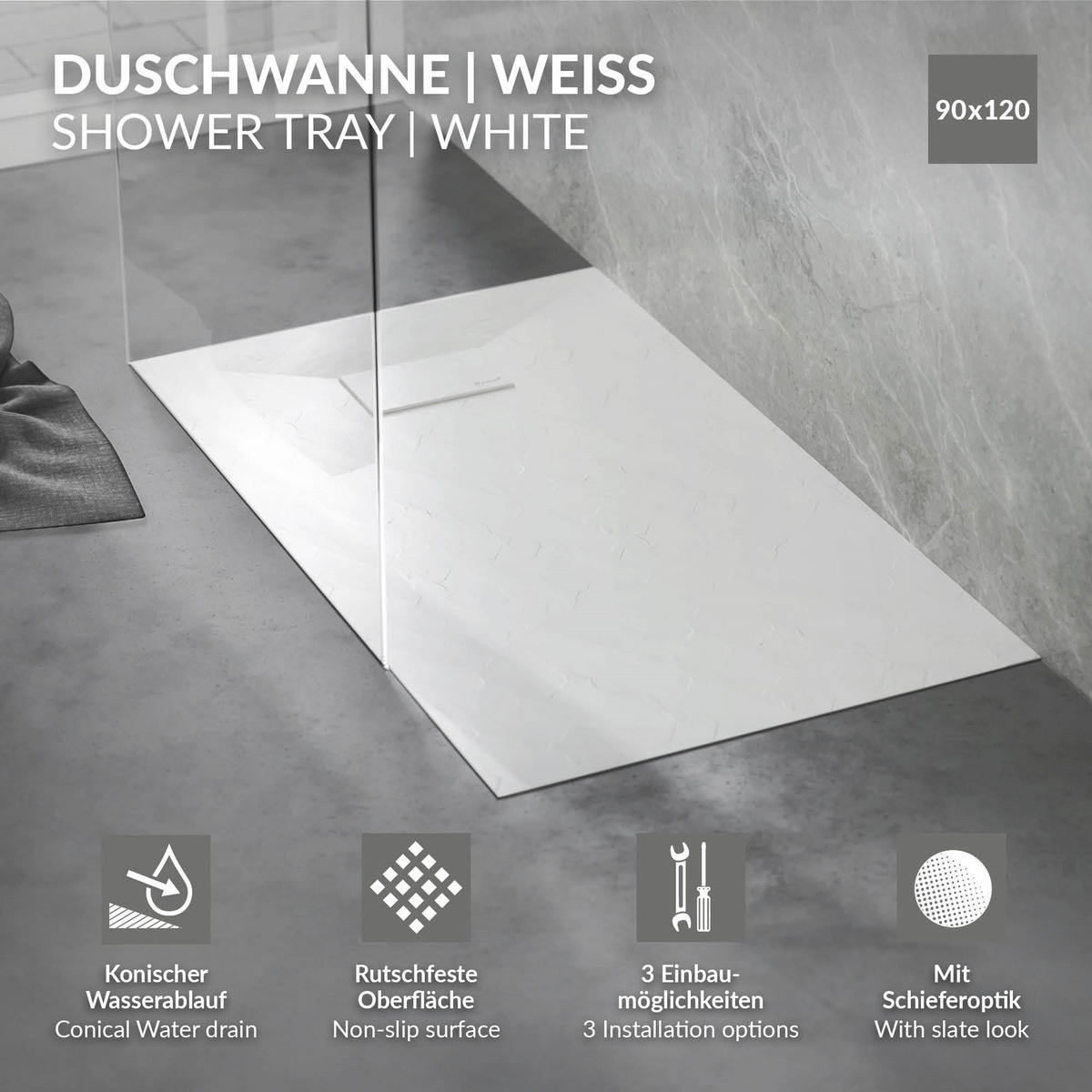 SPRCHOVÁ VANICKÁ VANA 120x90 cm bílá s odtokovou sadou z SMC - bílá, plast (90/3/120cm) - LuxeBath