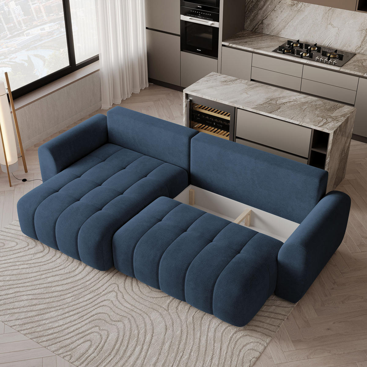 ECKSOFA MODARO CL Blau Samtstoff mit Schlaffunktion - Blau, Holzwerkstoff/Textil (285/148cm) - MASSENO