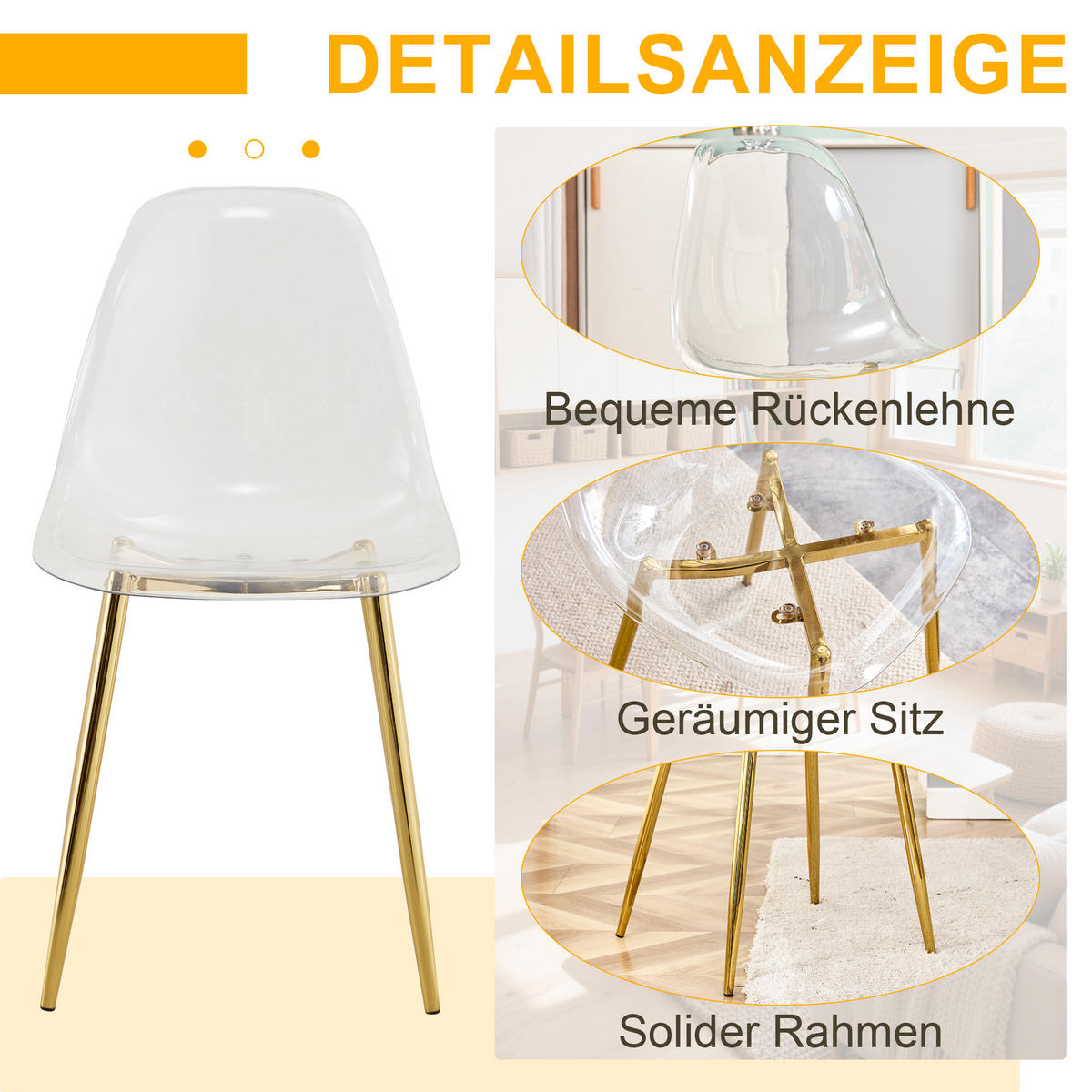 STUHL-SET DE-36594 4 Stück mit transparenter Sitzschale Gold - Goldfarben, Metall (45.7/83/44cm) - ComfortXL