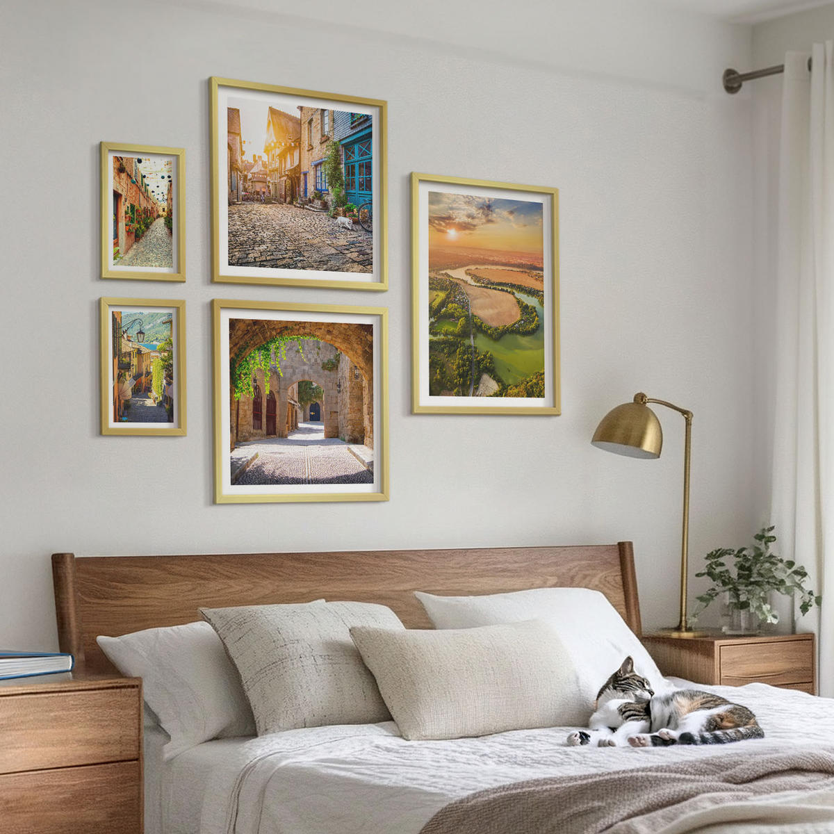 BILDER SET 5er Set - 50x50 cm & 20x30 cm & 40x60 cm Goldrahmen - Sommerlandschaften im Boho-Stil - Goldfarben, Kunststoff (40/60cm) - TULUP
