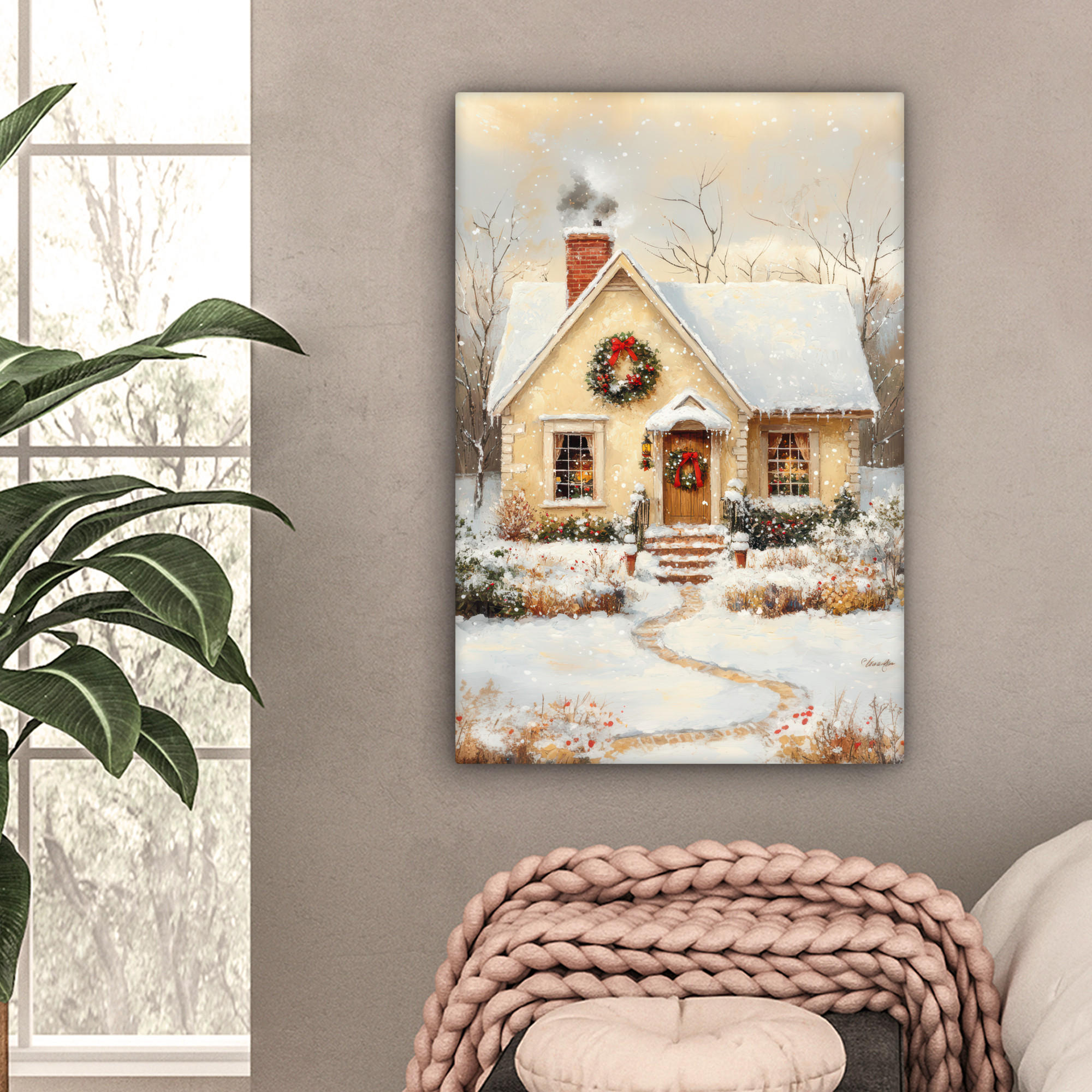 LEINWANDBILD Weihnachten - Zuhause - Winter - Schnee 40x60 cm - Creme, Textil (40/60cm) - MuchoWow