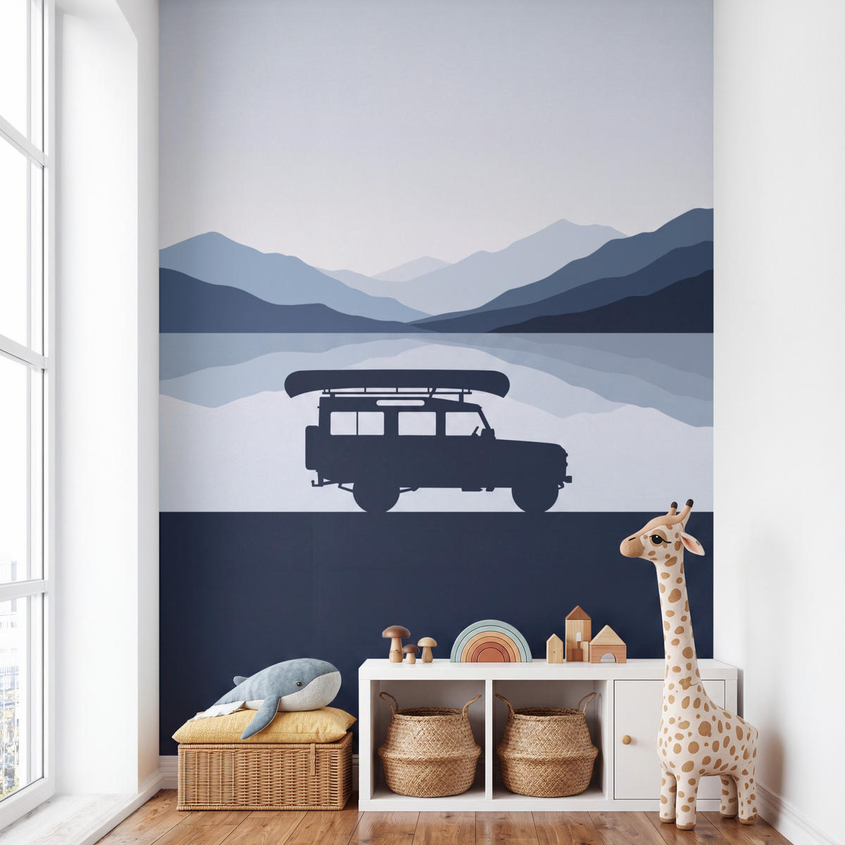 KINDERTAPETE - Auto - See - Berge - Blau - 160x280 cm - Blaugrau, Papier (160/280cm) - OnlyWow
