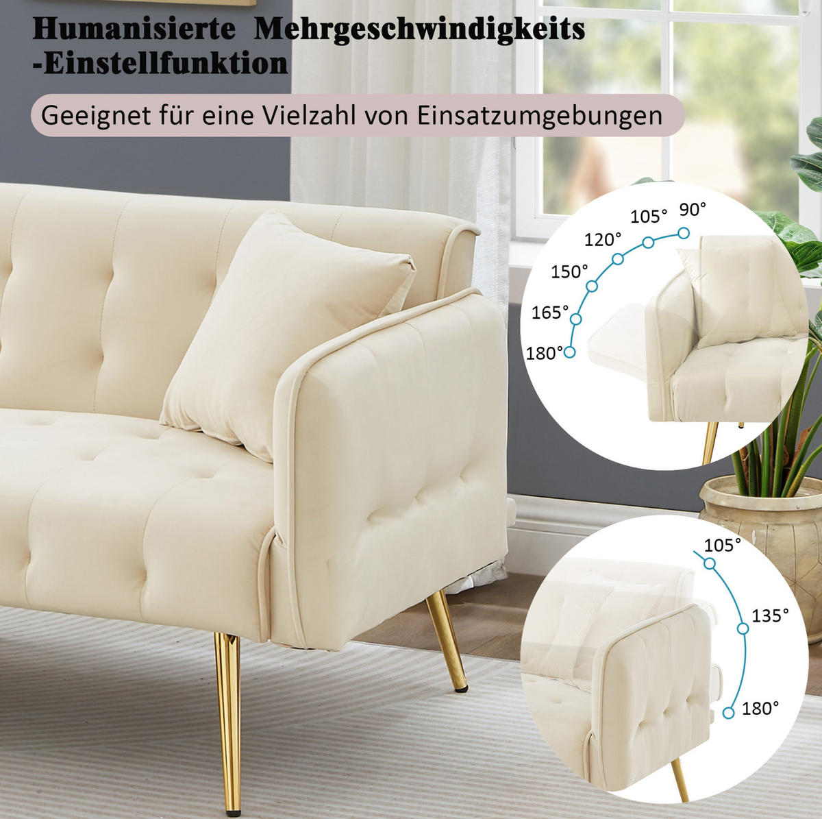 2-SITZER Sofabett Samt mit verstellbarer Rückenlehne und Armlehnen Beige 178/82/70 cm - Beige, Textil (82/70/178cm) - Redom
