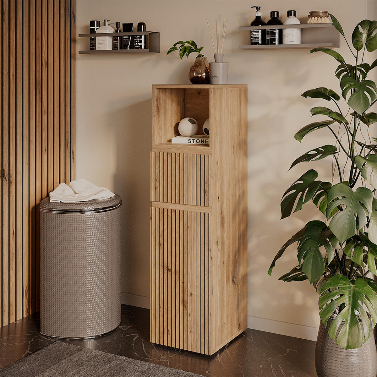 MIDISCHRANK Takumi Artisan 30 x 112.6 cm mit Schublade und Tür - Hellgrau, Holzwerkstoff (30/112.6/35cm) - Vicco