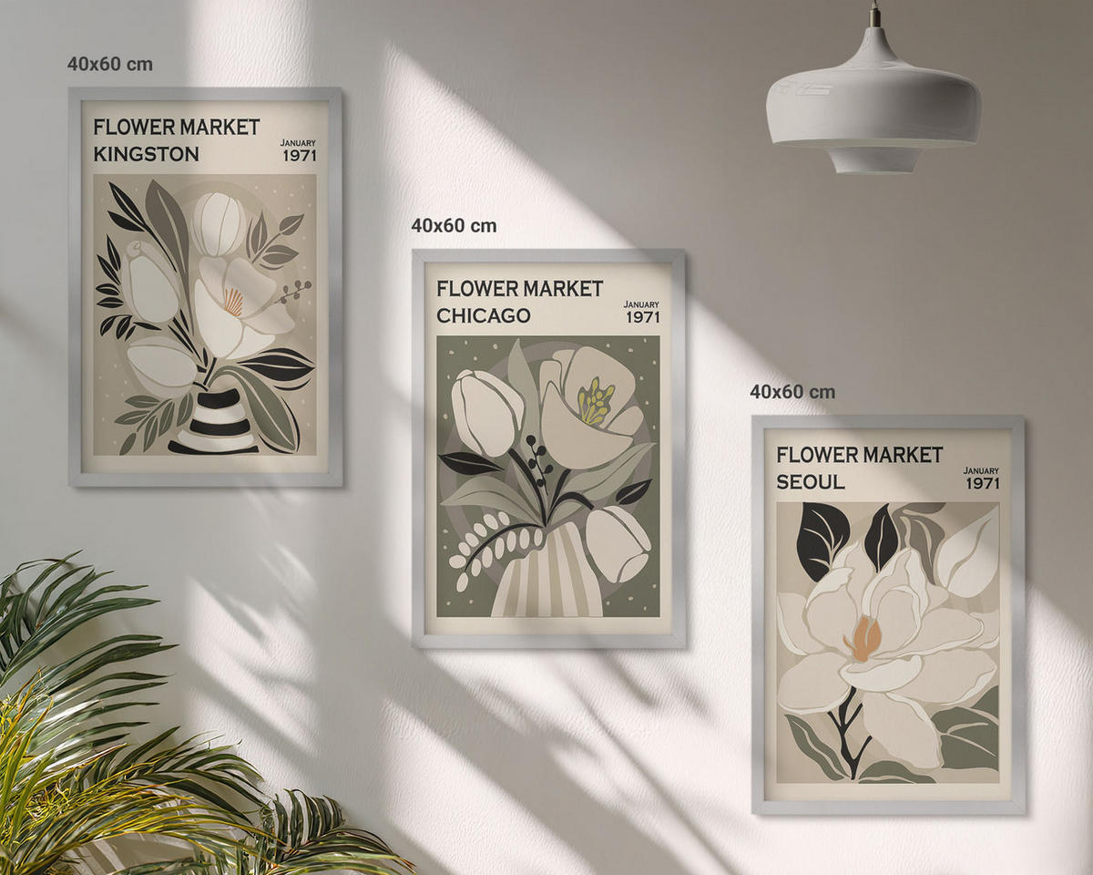 WANDBILDER 3er Set - 40x60 cm Silberner Rahmen - Blumen Kingston Seoul Chicago Retro - Silberfarben, Kunststoff (40/60cm) - ArtPrintCave