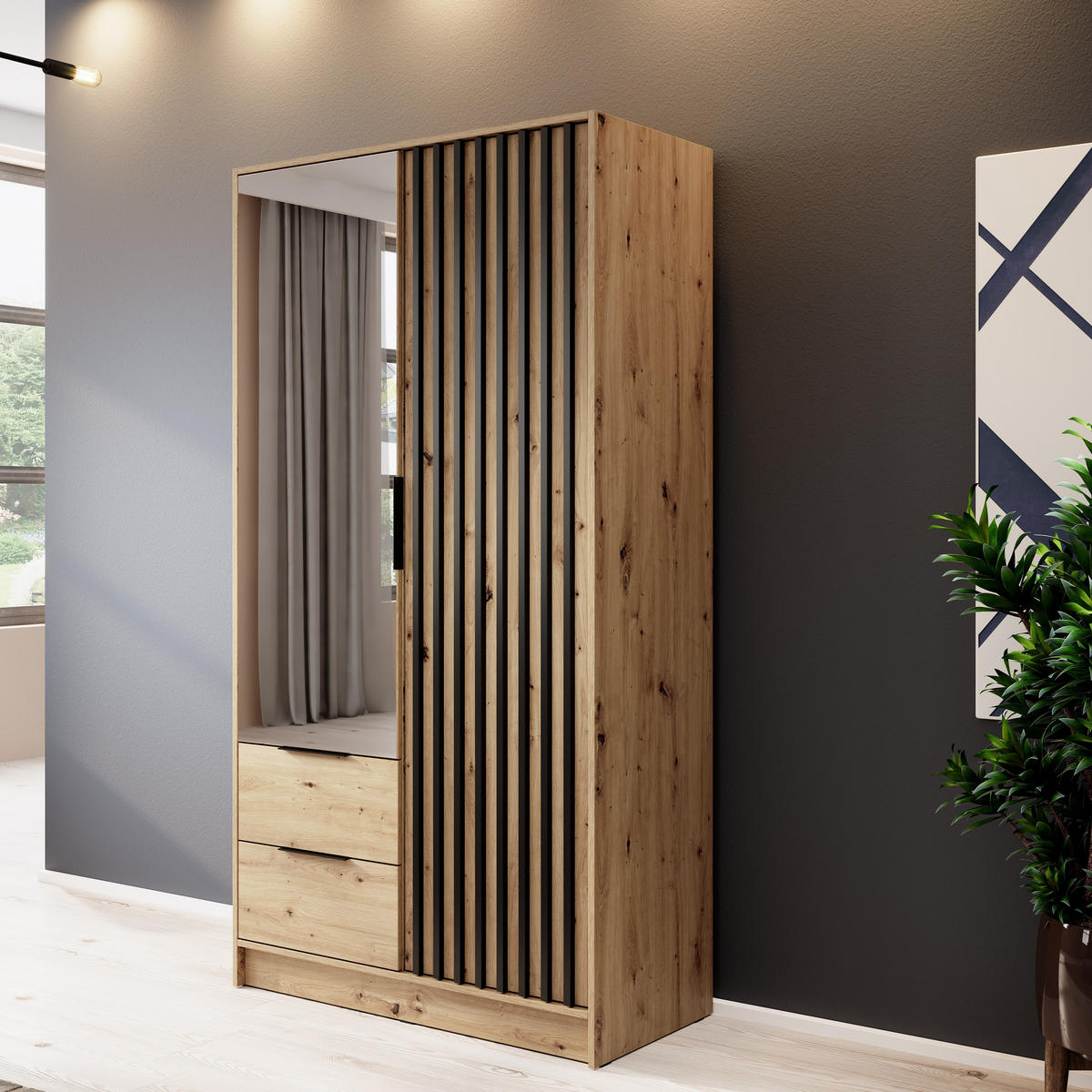 KLEIDERSCHRANK Stilo in Eiche Artisan, zweitürig, mit Spiegel und Lamellen an der Vorderseite - Schwarz/Eiche Artisan, Holzwerkstoff/Kunststoff (105/200/51cm) - Ravio