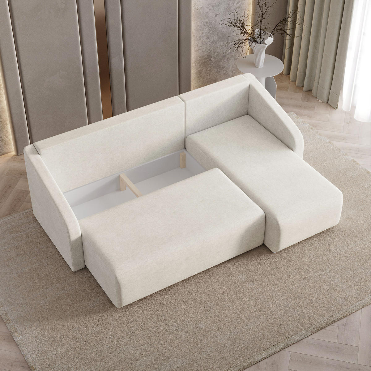 ECKSOFA MARELLO Creme Geflochtener Stoff mit Schlaffunktion - Creme, Holz (220/143cm) - MASSENO