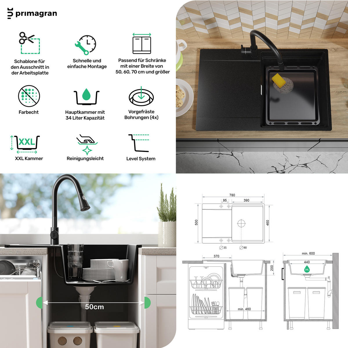 GRANITSPÜLE San Francisco, 2-er set Weiß 78/50 cm 1 Becken + Küchenarmatur 32/20 cm + Ablauf-Set + Aufrollbare Abtropffläche ab 50er Unterschrank - Chromfarben/Weiß, Kunststoff (78/20/50cm) - Primagran