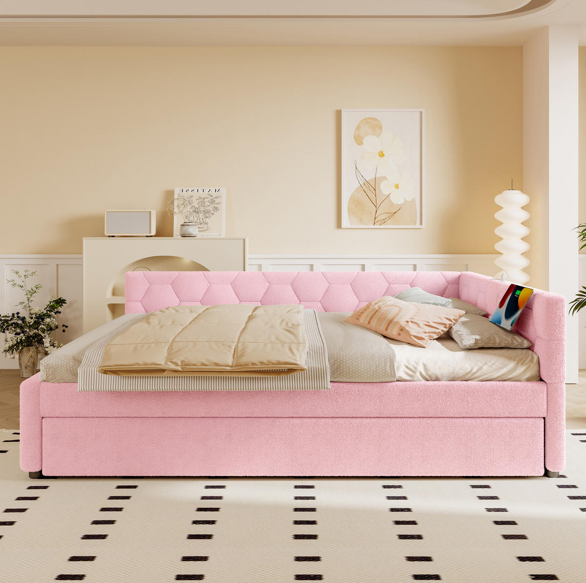ROZKLÁDACÍ denní postel 140/200 cm růžová z veluru s výsuvným lůžkem, USB a lampičkou - růžová, textil (140/200cm) - OKWISH