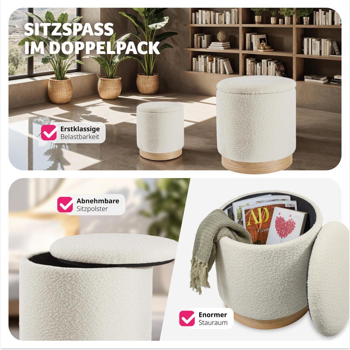 SITZHOCKER 2er Set mit Stauraum Orchide,Gestelle aus MDF-Platten,creme - Creme, Holz (38/42/38cm) - tectake