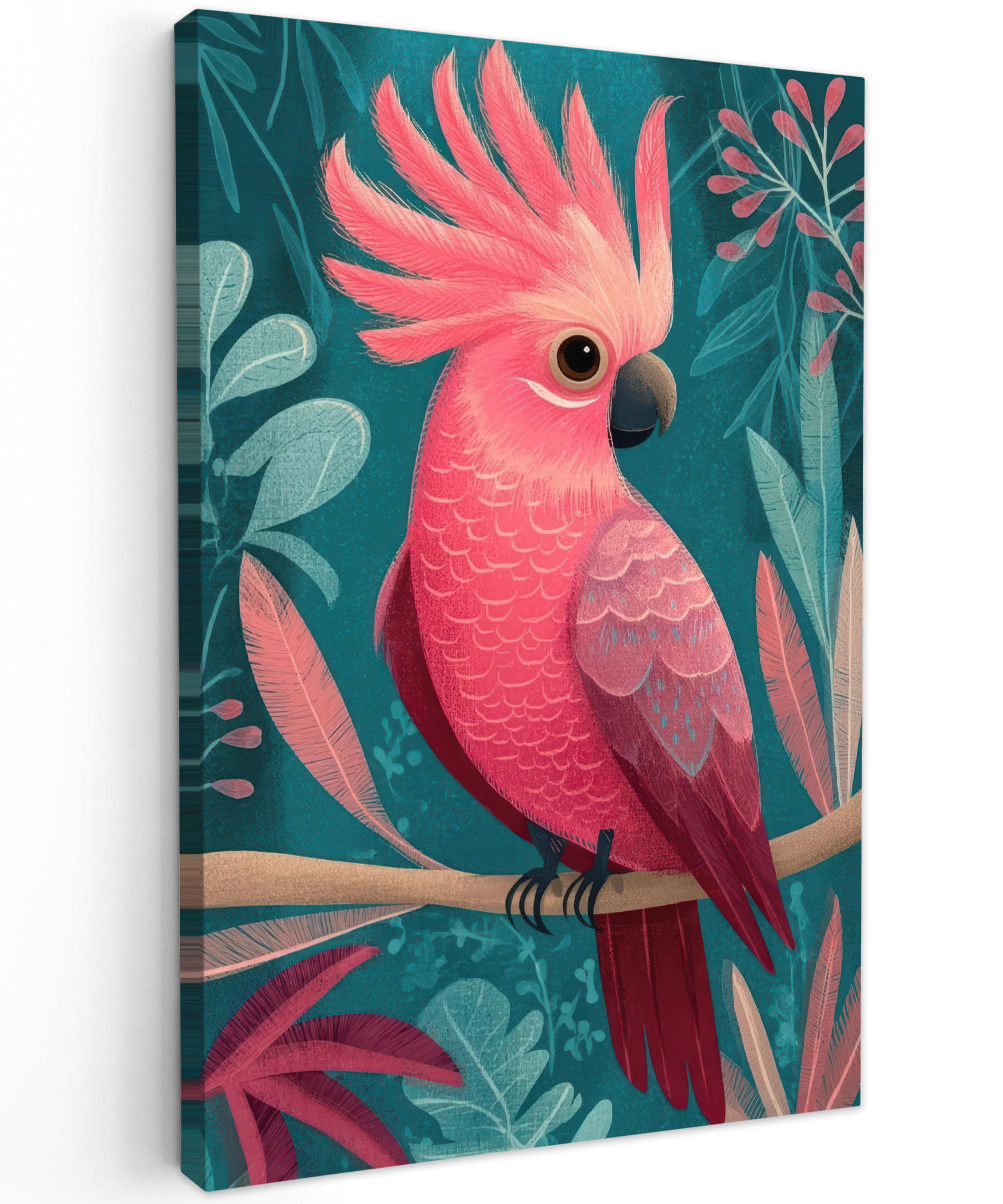 LEINWANDBILD Kakadu - Tropische Blätter - Zweig Deko XXL 80x120 cm - Petrol, Textil (80/120cm) - MuchoWow