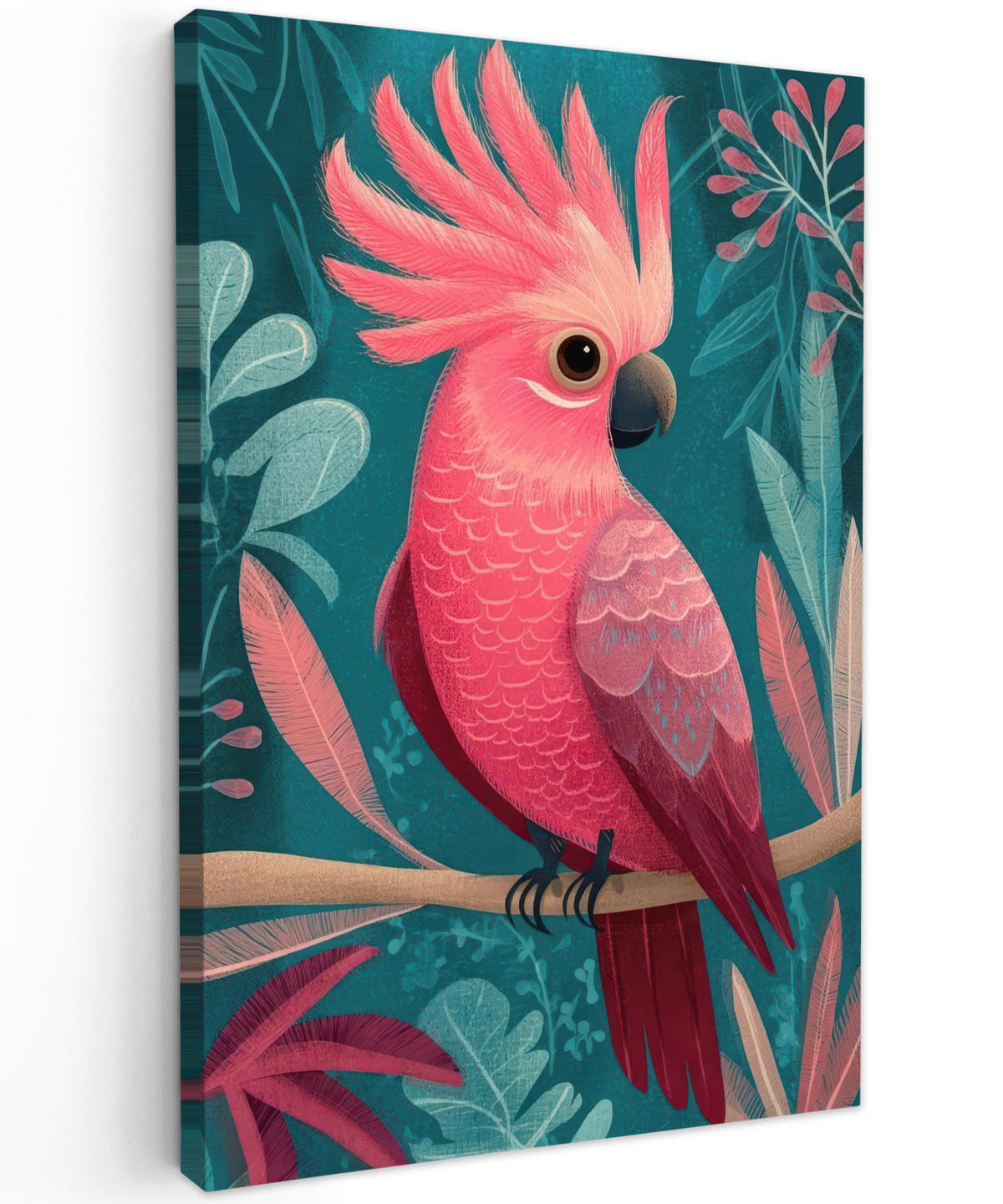 LEINWANDBILD Kakadu - Tropische Blätter - Zweig Deko XXL 80x120 cm - Petrol, Textil (80/120cm) - MuchoWow