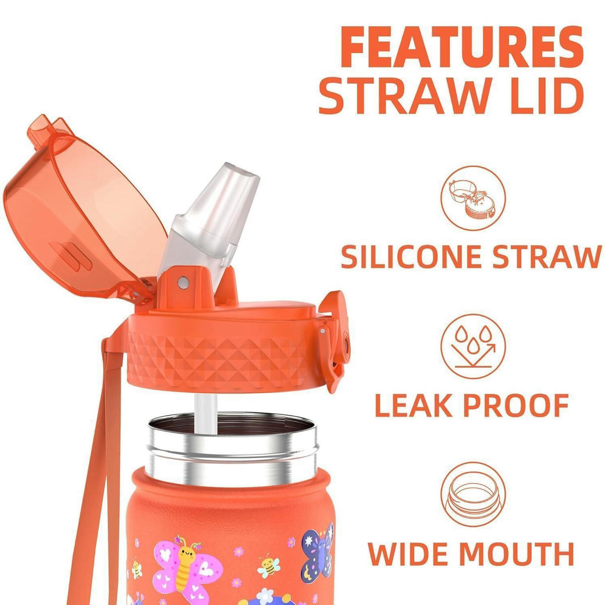 KINDER Trinkflasche 420 ml Edelstahl mit Strohhalm doppelwandig isoliert BPA-frei - Multicolor, Metall (7.5/7.5cm)