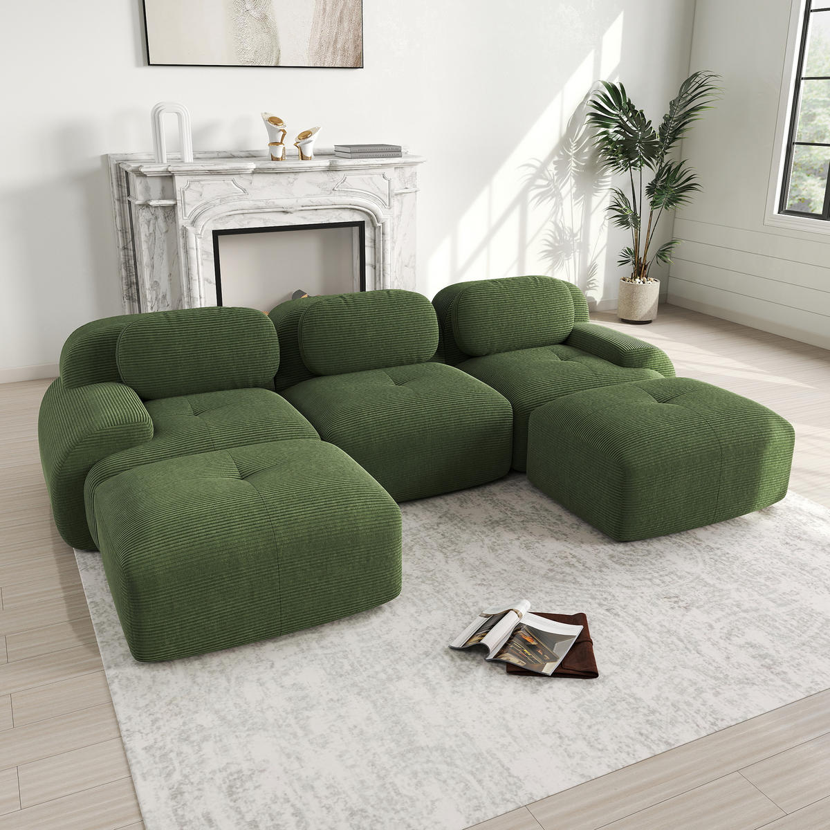 WOHNLANDSCHAFT Cord Grün montagefrei und rutschfest - Grün, Textil (298/75/178cm) - WISHDOR