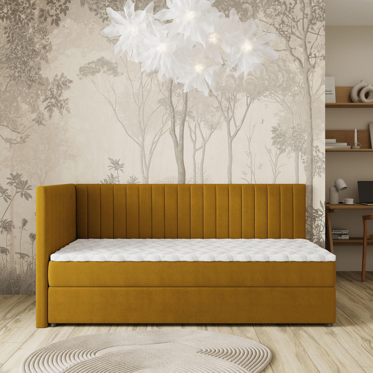 BOXBETT ARIS 80x200 cm mit Matratze und Topper, H2+H3 - Gelb - Gelb, Holz (80/200cm) - MASSENO