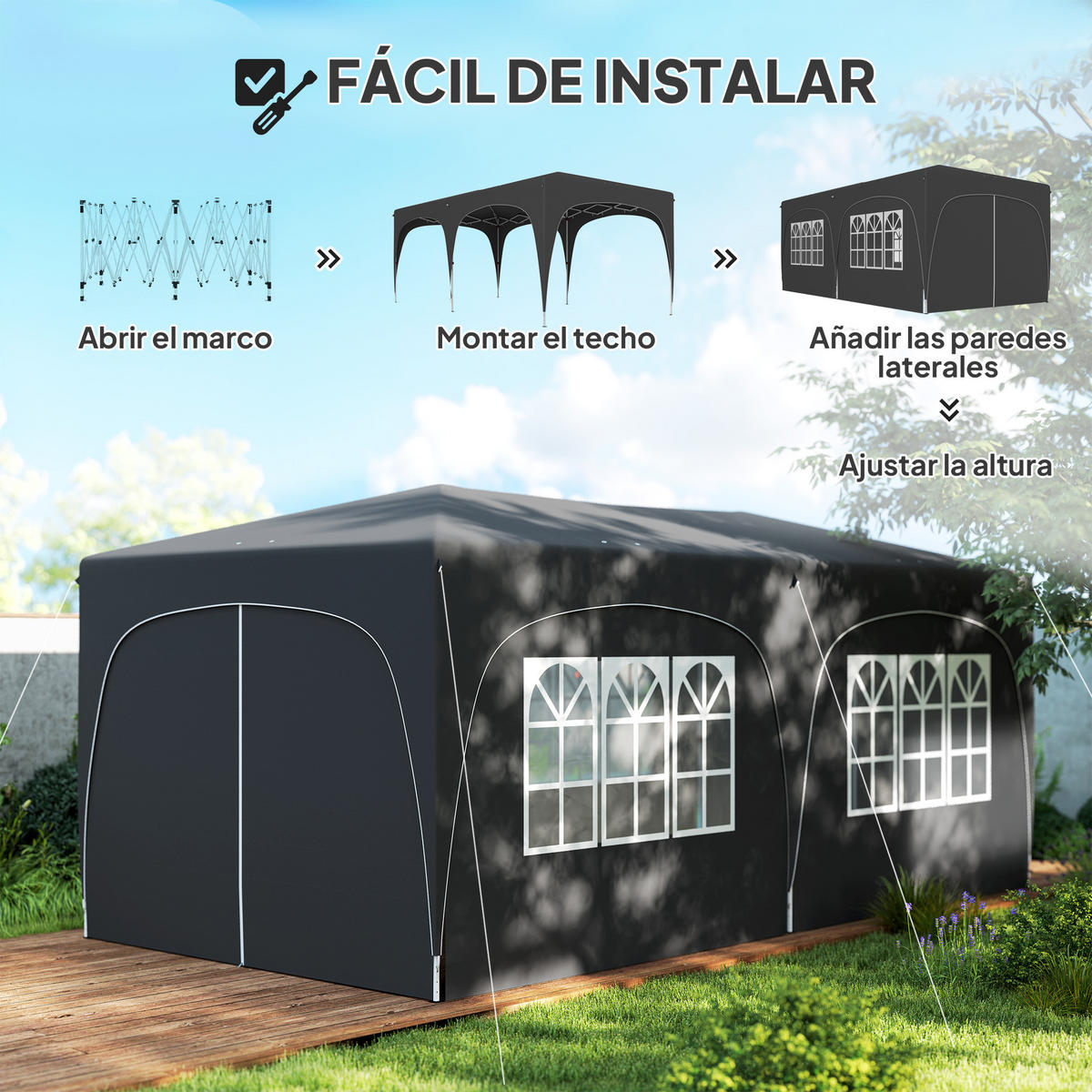 FALTPAVILLON, 6x3m, Seitenwände, UPF50+, höhenverstellbar, Tragetasche, Dunkelgrau - Multicolor, Metall (597/270/300cm) - FORIOUS