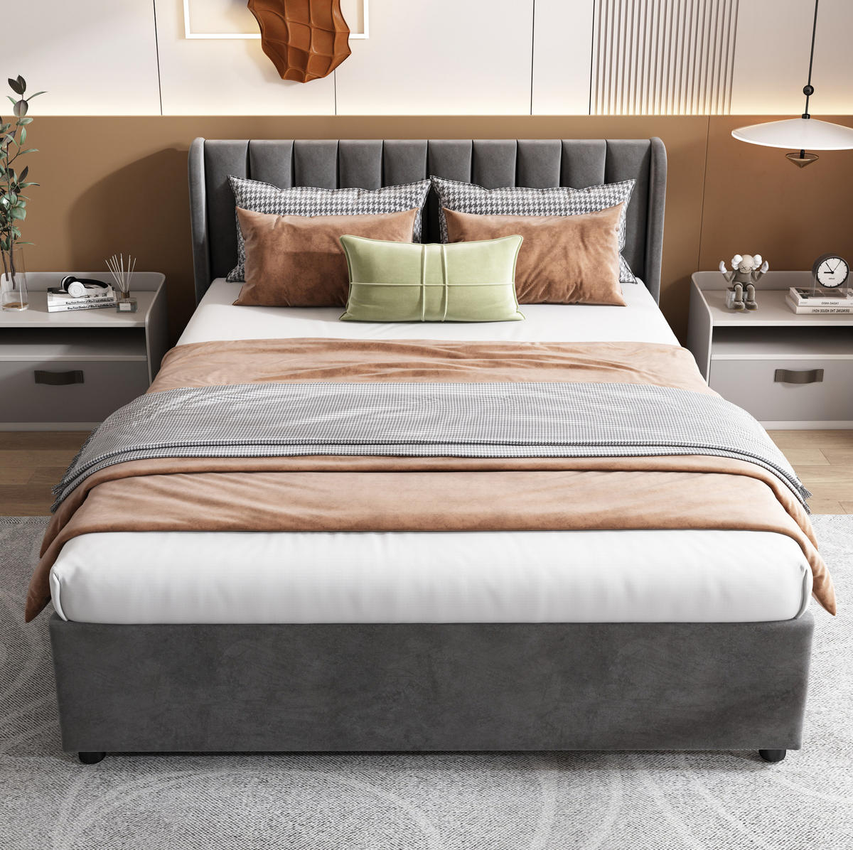 ČALÚNENÁ posteľ 140/200 cm z velvetu s lamelovým roštom, 2 zásuvkami a vysokým čelom, Sivá - sivá, textil (140/200cm) - Redom