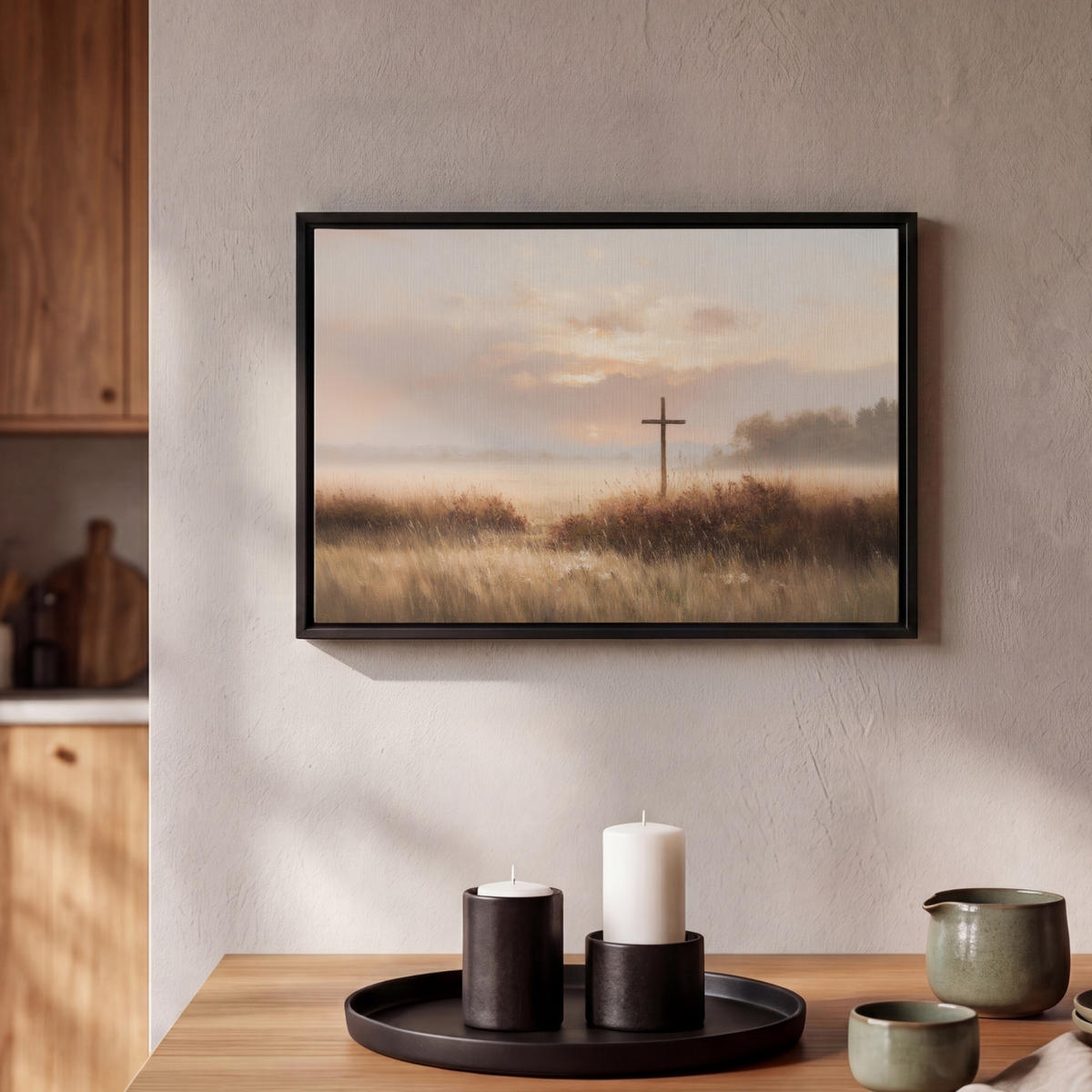 LEINWAND Bilder mit Rahmen - Gras - Morgennebel - Kreuz - Christentum - 30x20 - Beige, Textil (30/20cm) - MuchoWow