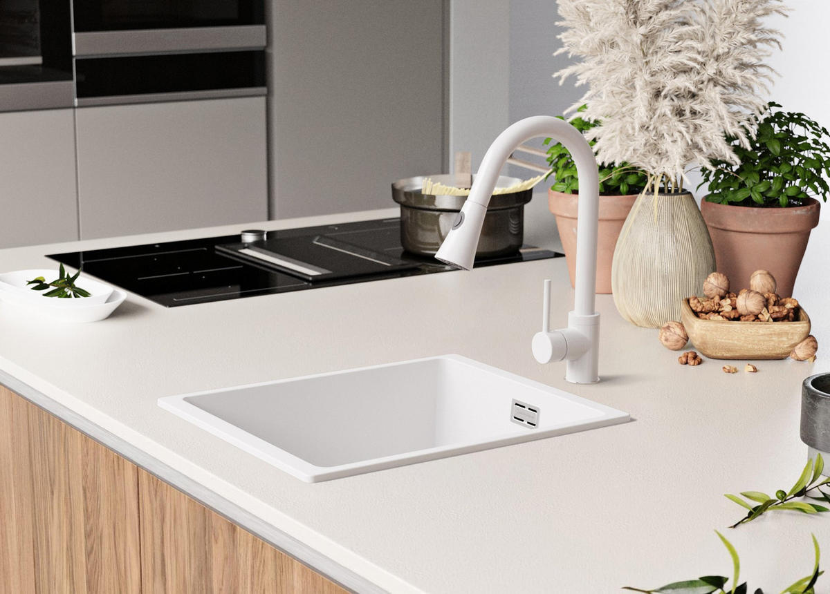 GRANITSPÜLE London Slim, 2-er set Alles Weiß 36/47 cm 1 Becken + Küchenarmatur 38/14 cm + Ablauf-Set ab 40er Unterschrank - Weiß, Kunststoff (36/20/47cm) - Primagran