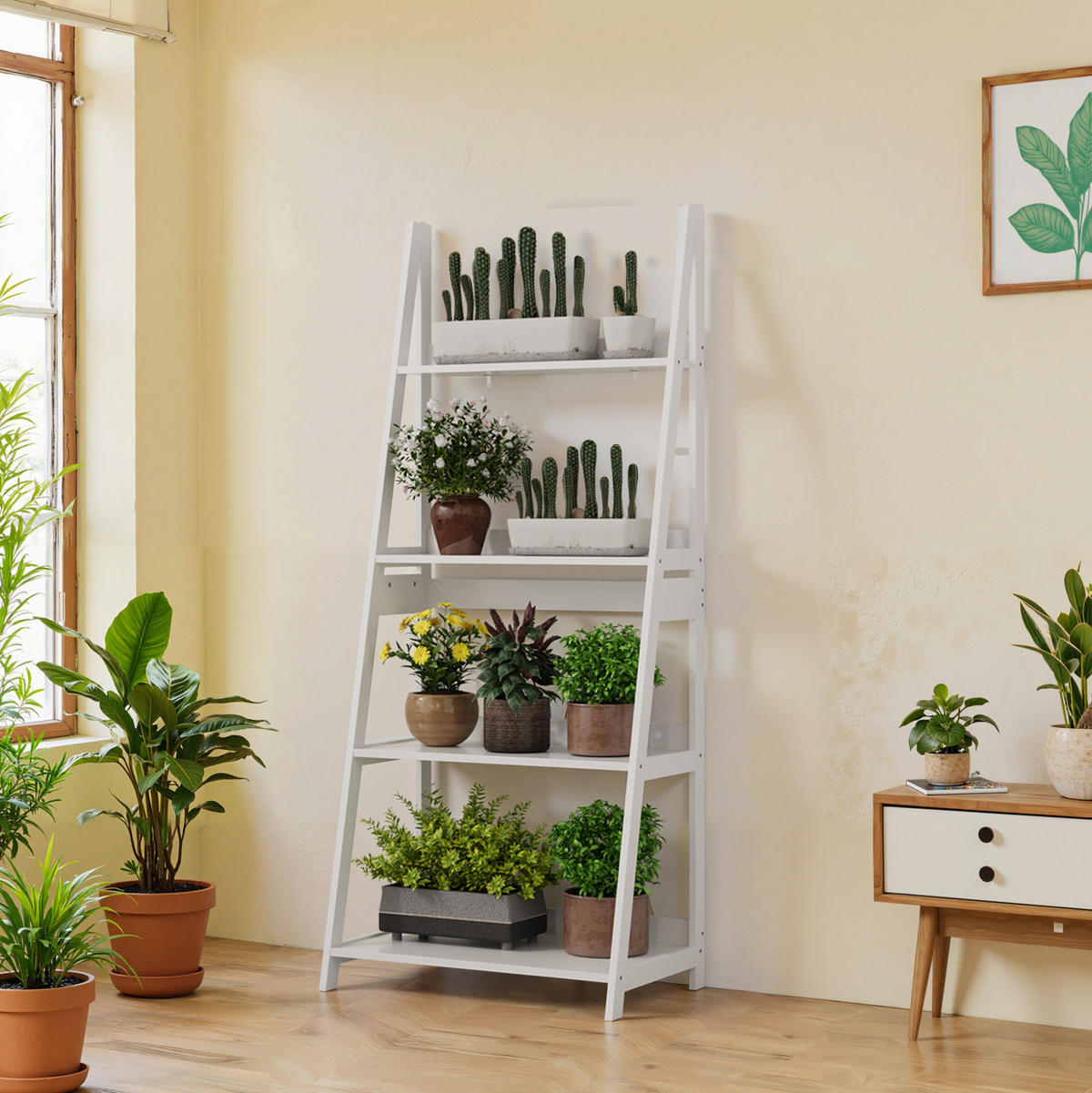 BÜCHERREGAL 63/39/150 cm mit 4 Ebenen, Leiterdesign, platzsparend und kippsicher, Weiß - Weiß, Holzwerkstoff (63/150/39cm) - Redom
