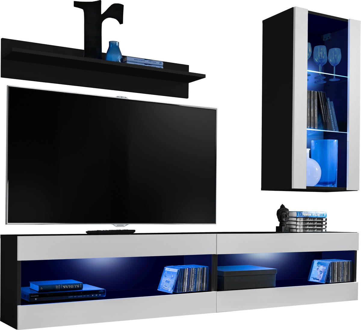 WOHNWAND TIVOLI SET5-BLACK/WHITE+BLU Offener Raum Schwarz Weiß - Schwarz/Weiß, Glas/Holzwerkstoff (200/195/35cm) - Komodee