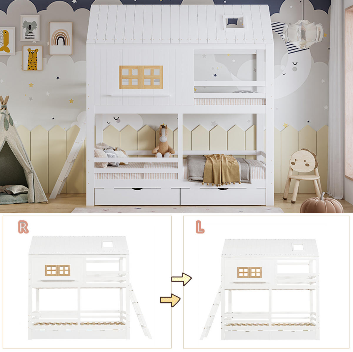 HAUSBETT 90/200 cm in Weiß/Natur mit Dach, Fenstern und 2 Schubladen - Weiß, Holz (90/200cm) - BEAOK
