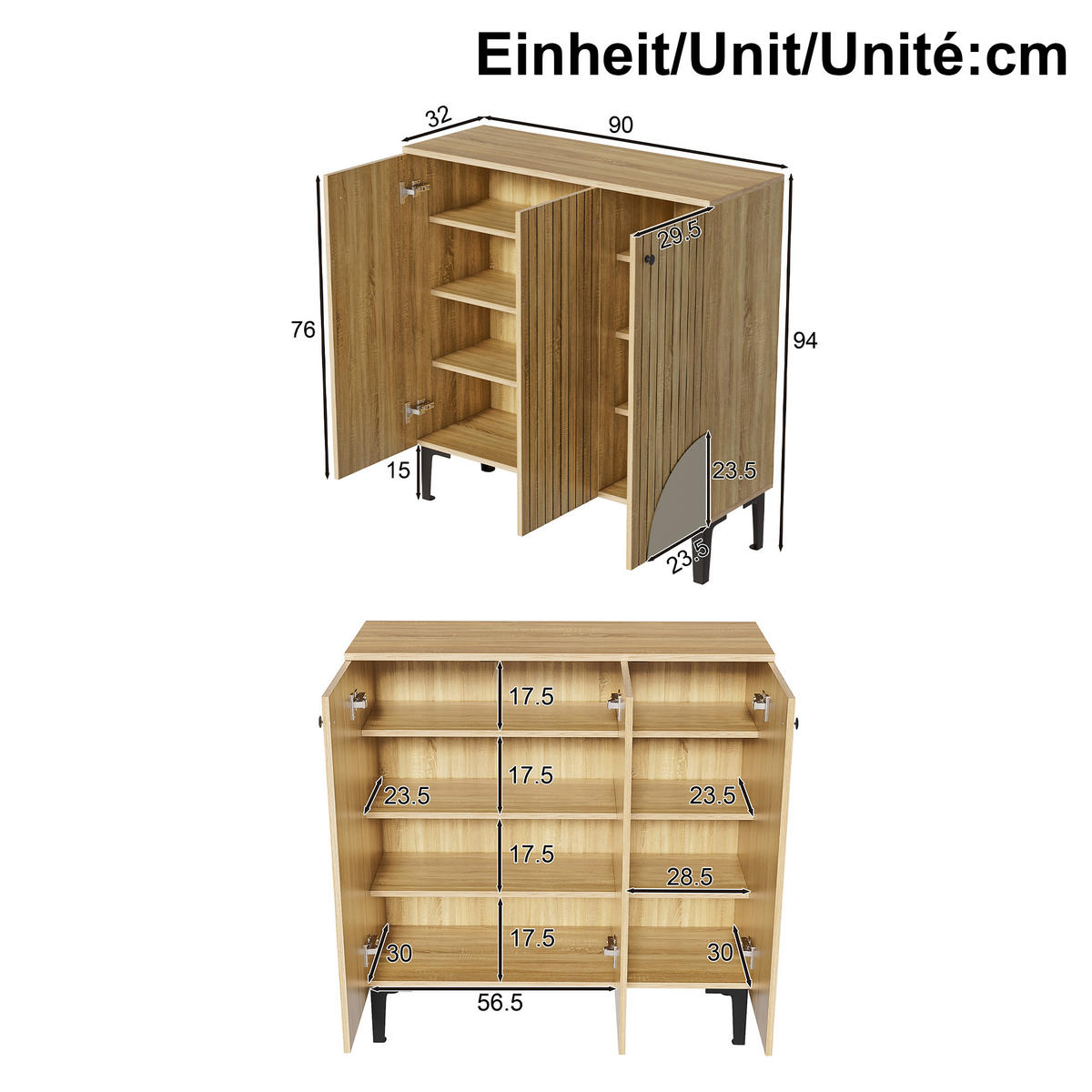 SCHUHSCHRANK 90x32x94 Holzoptik 3 Türen Stauraum Ablage - Naturfarben, Holzwerkstoff (32/94/90cm) - FLIEKS