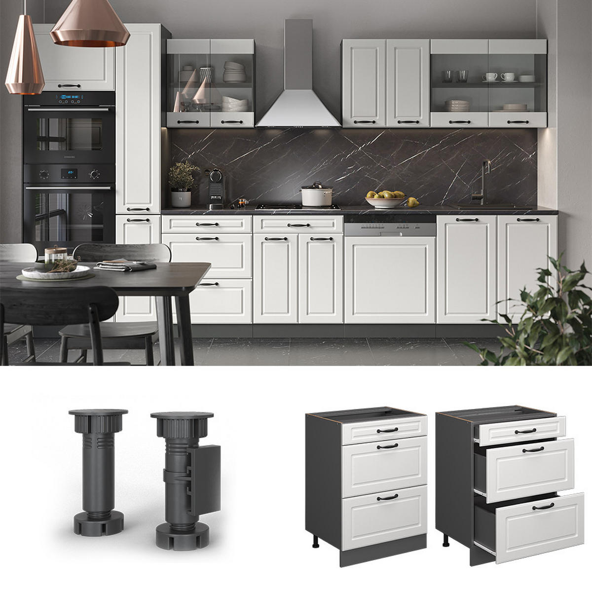 KÜCHENUNTERSCHRANK R-Line Weiß Landhaus 60 cm mit Schubladen, AP Eiche - Anthrazit/Creme, Holzwerkstoff (60/81.6/60cm) - Vicco